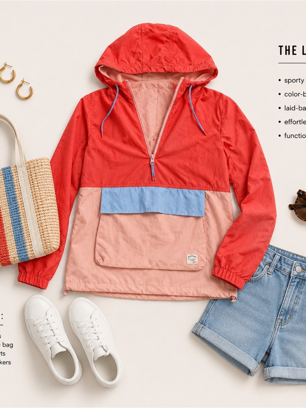 FAT FACE Packable Colorblock Anorak Pullover Jacket in Red, Peach & Sky Blue